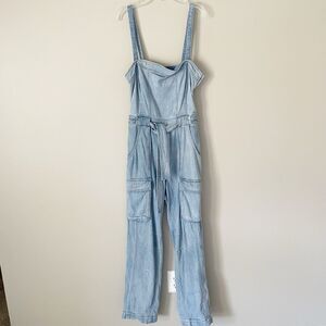 Free People Size S Go West Denim Utility Cargo Pockets Jumpsuit